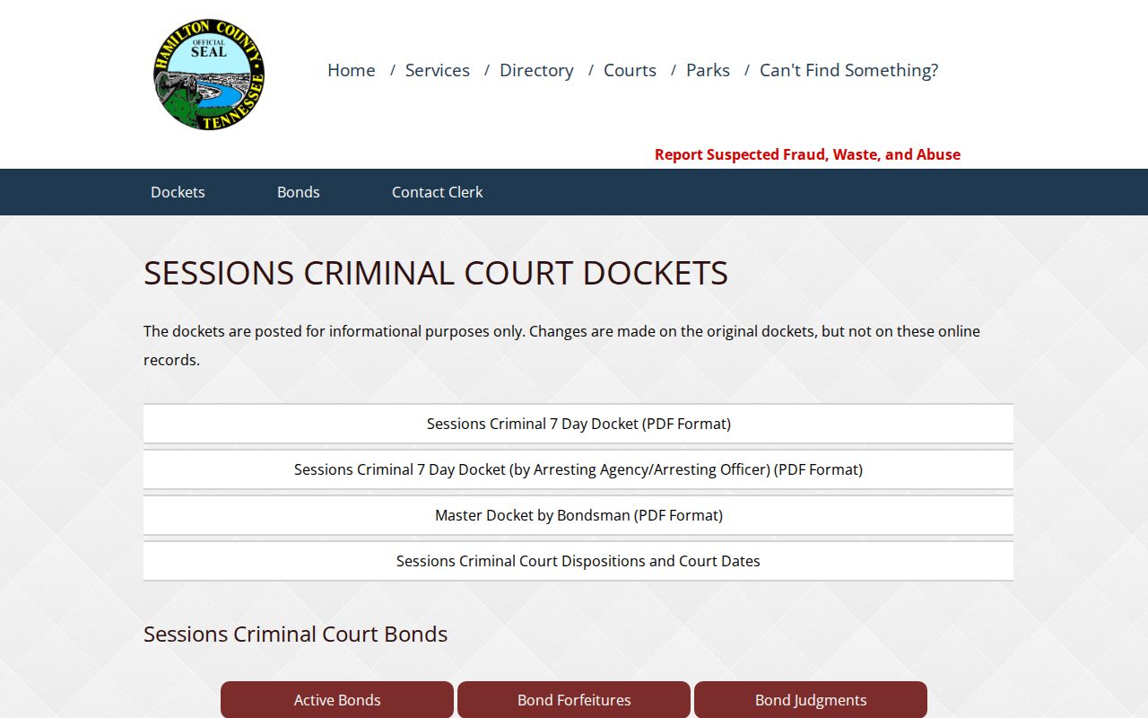 Hamilton County bench warrant records, General Sessions docket and bond tabs