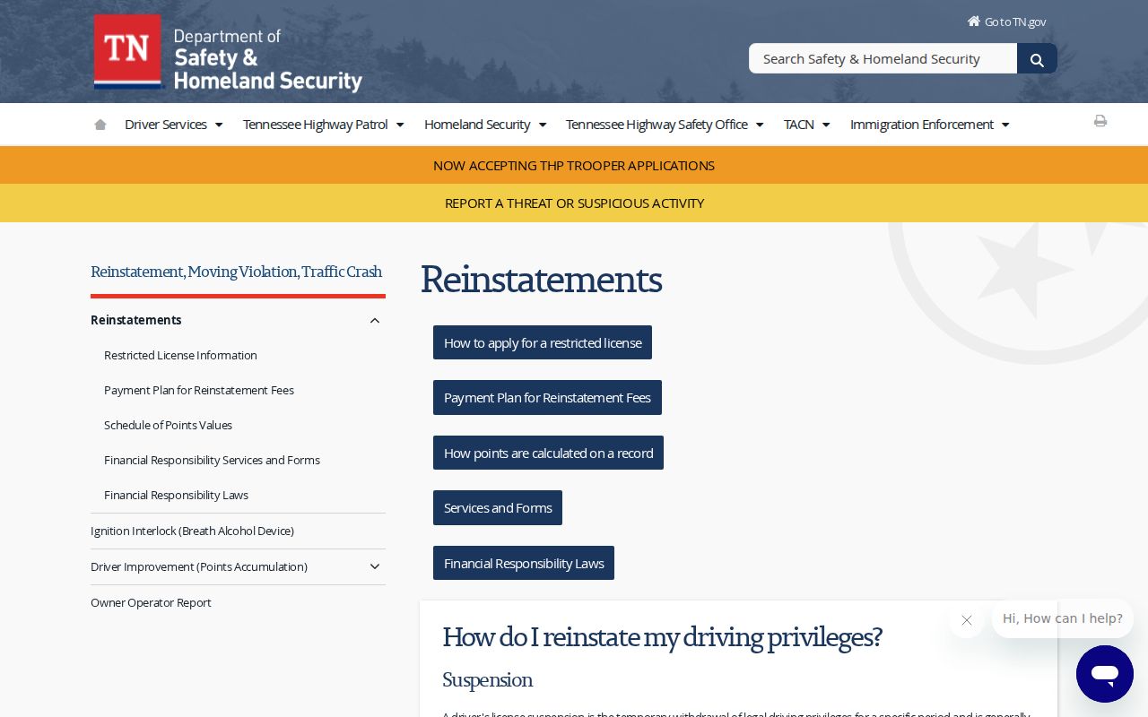Hamilton County traffic warrant compliance, Tennessee Safety reinstatement workflow