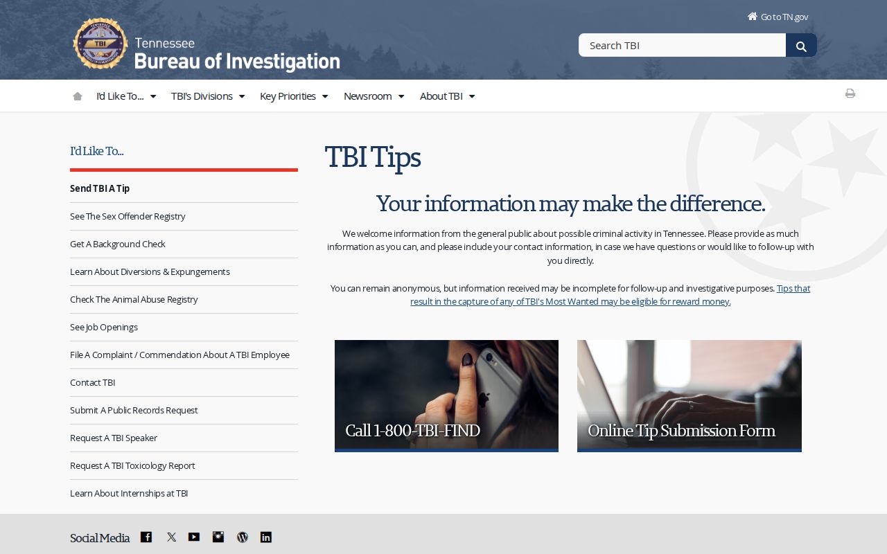 Hamilton County warrant tip guidance, Tennessee Bureau of Investigation reporting route