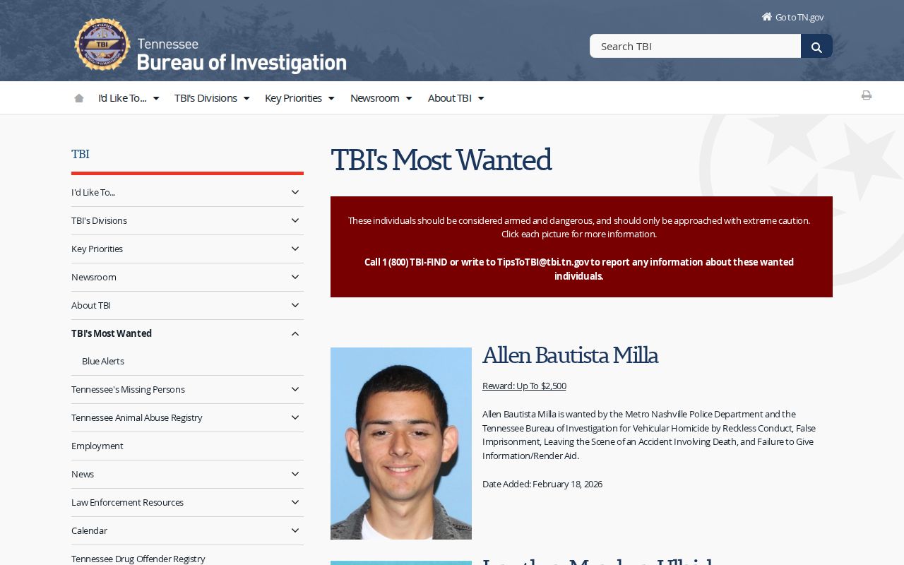 Hamilton County warrant and wanted program context, Tennessee Bureau of Investigation