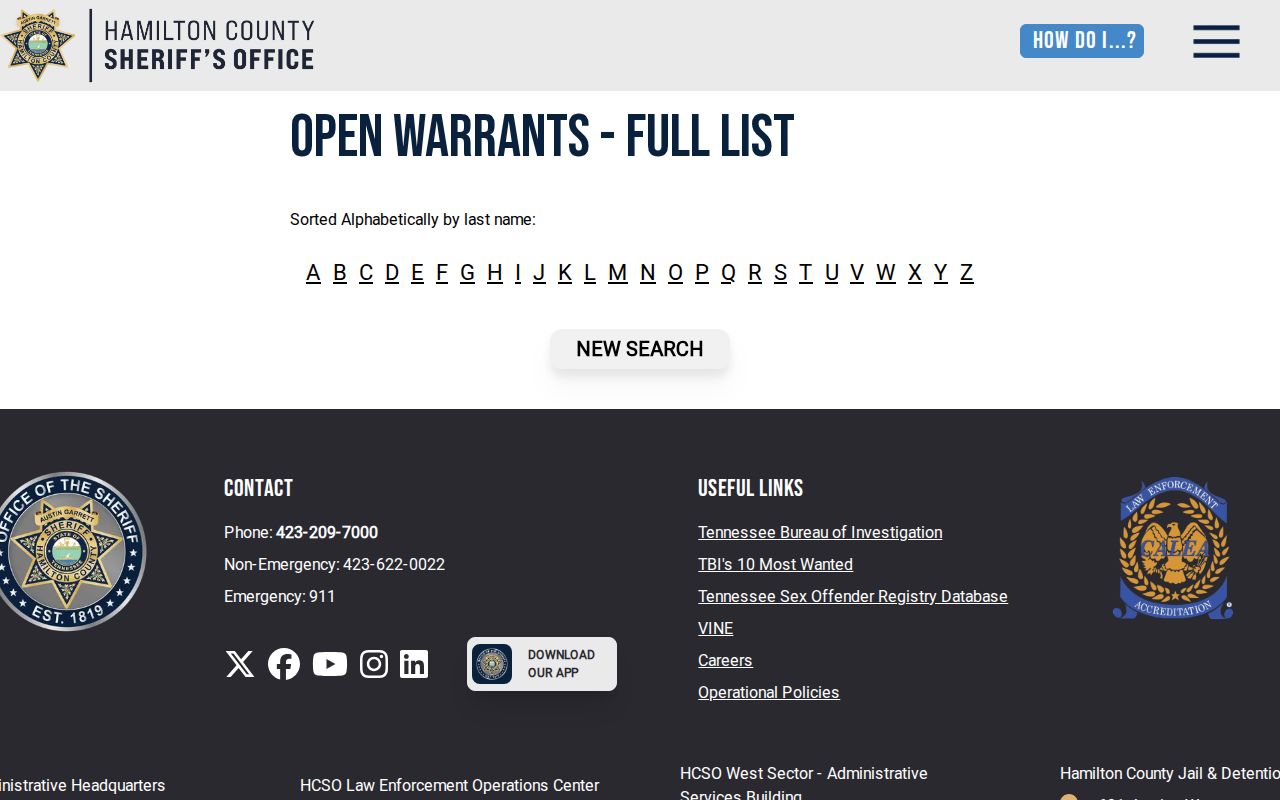 Hamilton County active warrant search, HCSO Full List A-to-Z controls