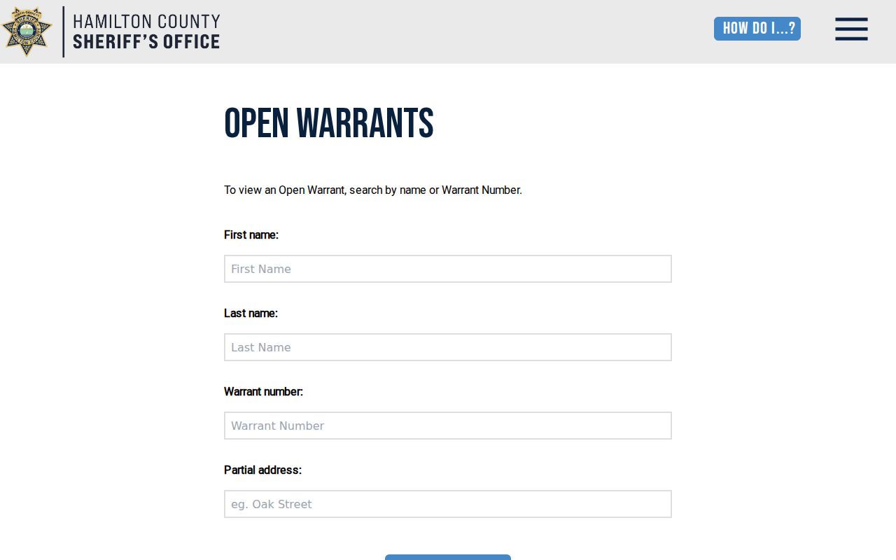 Hamilton County warrant records, blank HCSO Open Warrants search fields